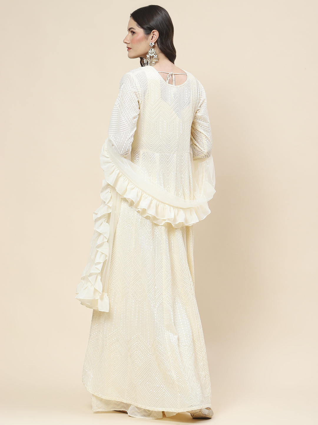 Sequin Embroidered Georgette Top Jacket With Palazzo &amp; Dupatta