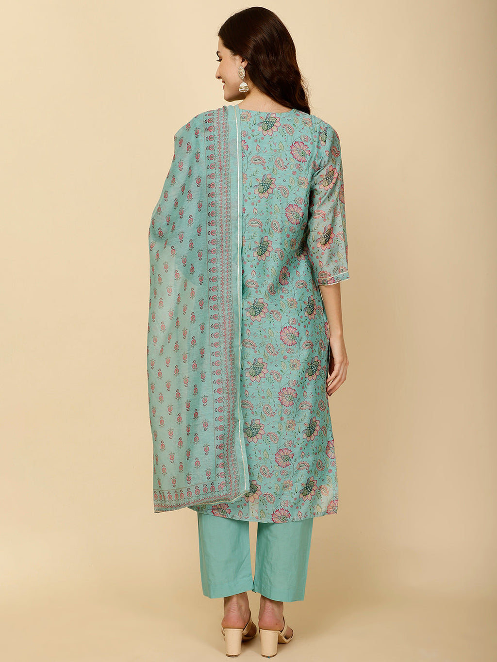 Floral Printed Chanderi Kurta With Pants & Dupatta