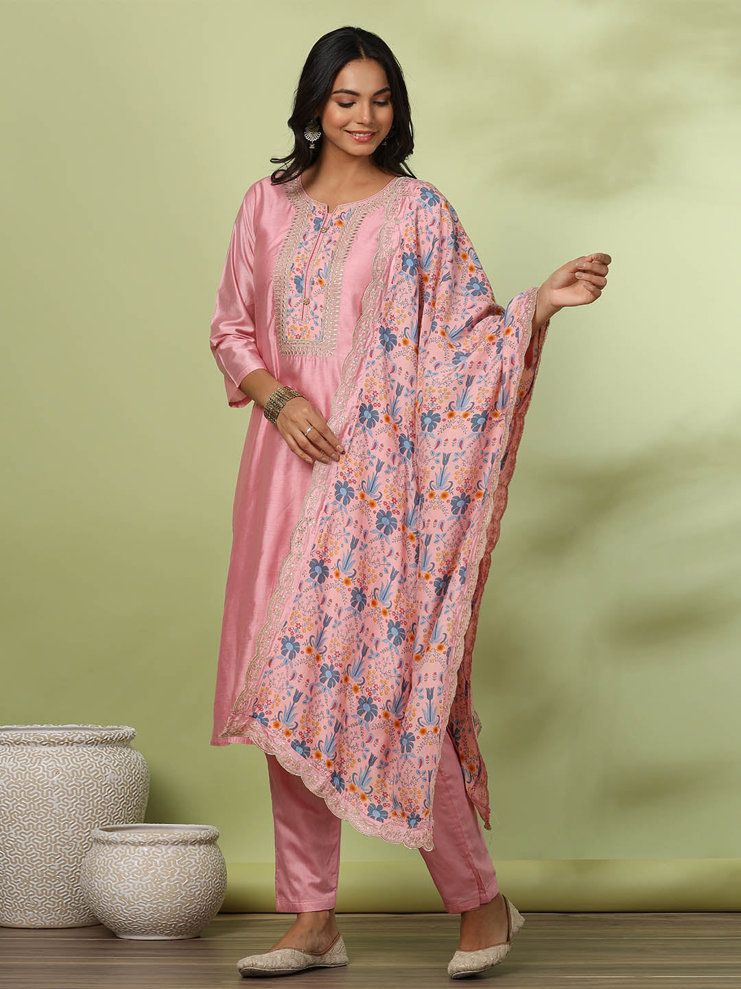 Neck Embroidered Chanderi Kurta With Pants &amp; Dupatta