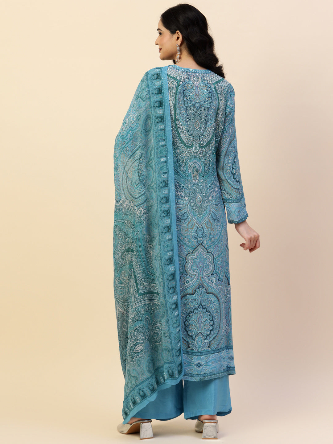 Digital Printed Crepe Kurta With Palazzo &amp; Dupatta