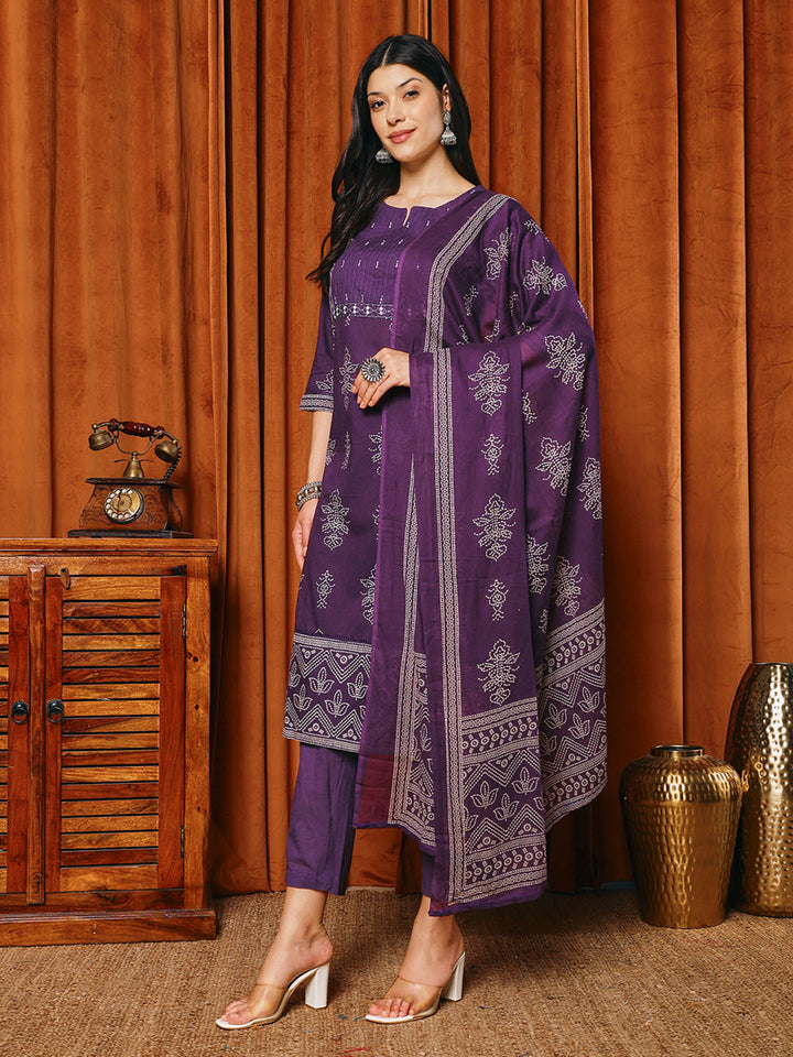 Printed Cotton Blend Kurta With Pants &amp; Dupatta