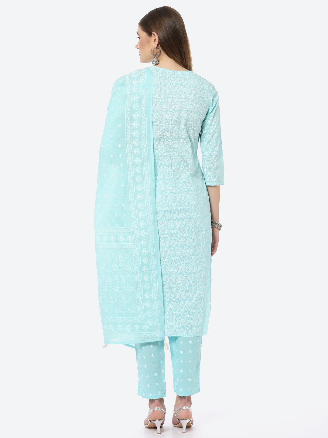 Resham Neck Booti Printed Cotton Kurta With Pant &amp; Cotton Dupatta