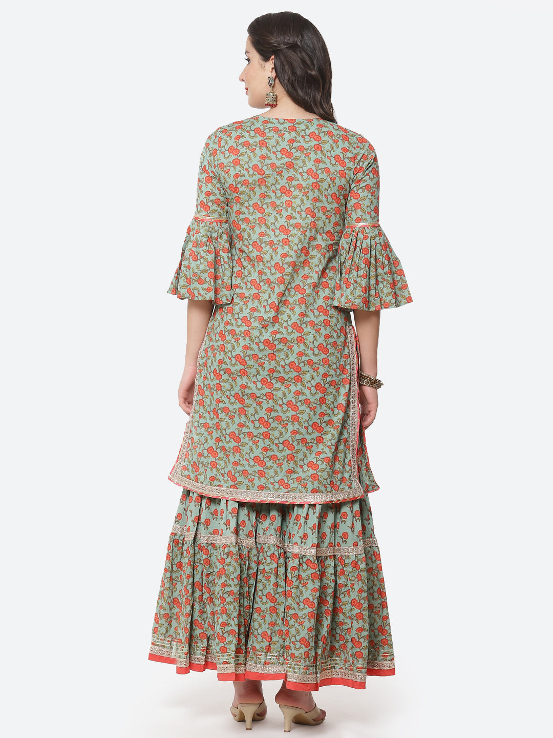 Floral Printed Gota Work Cotton Kurti With Sharara