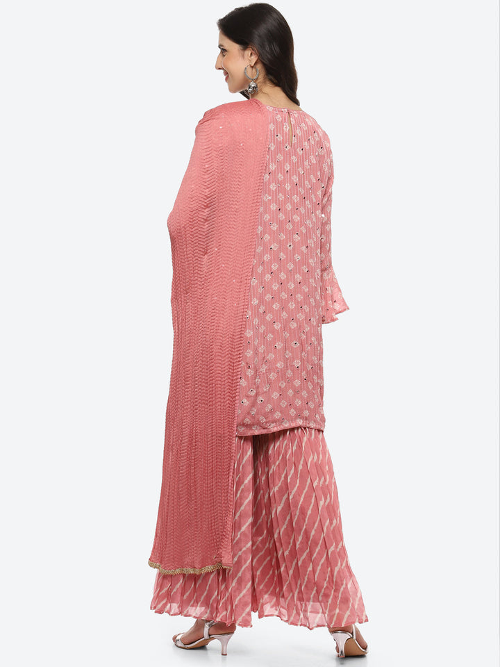 Resham Mirror Booti Crepe Kurta With Garara &amp; Silk Dupatta