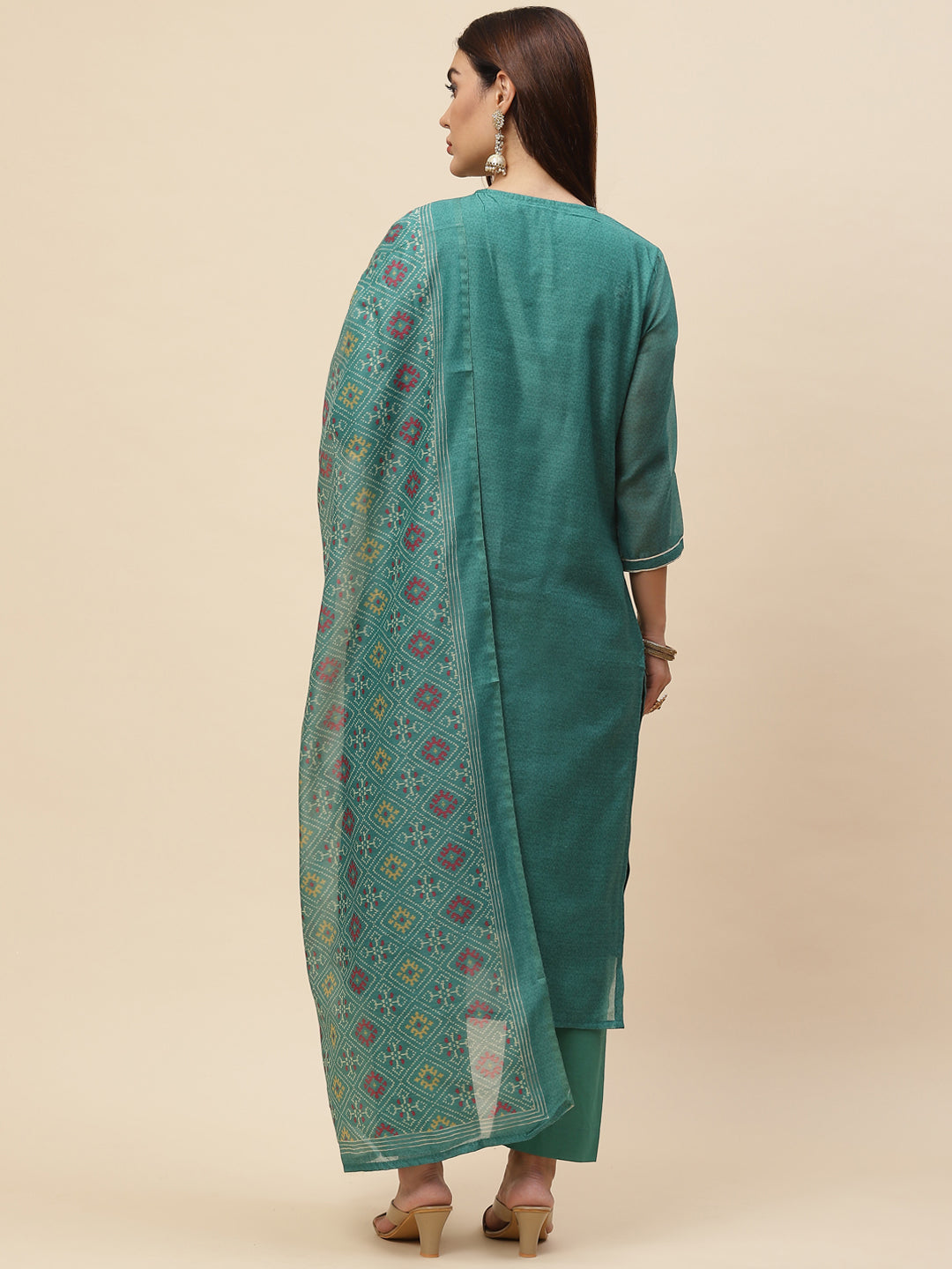 Neck Embroidered Chanderi Kurta With Pants & Dupatta