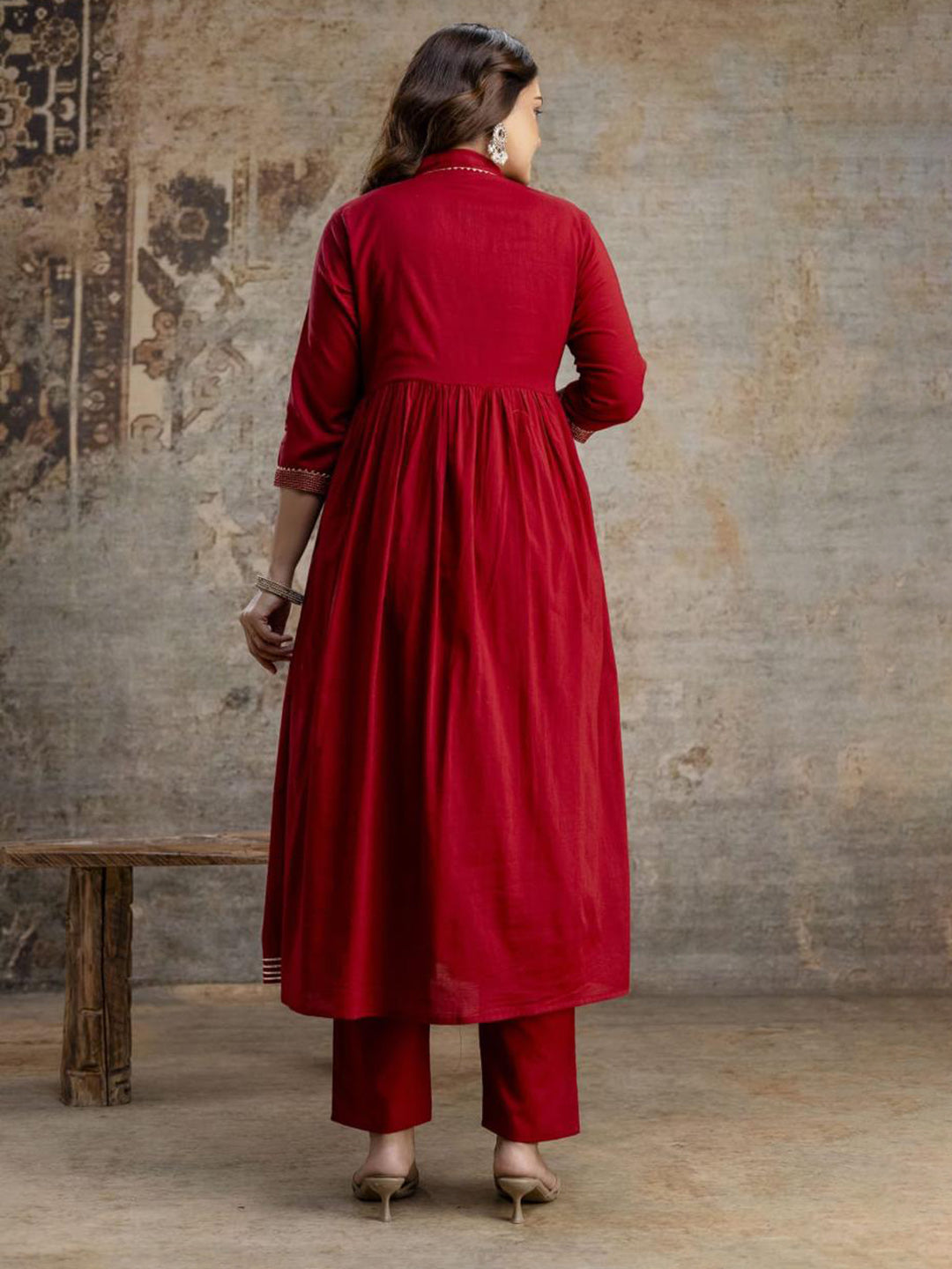 Maroon Cotton Blend Embroidered Straight Suit Set