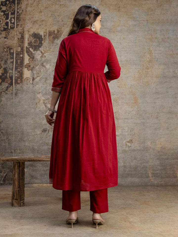 Maroon Cotton Blend Embroidered Straight Suit Set