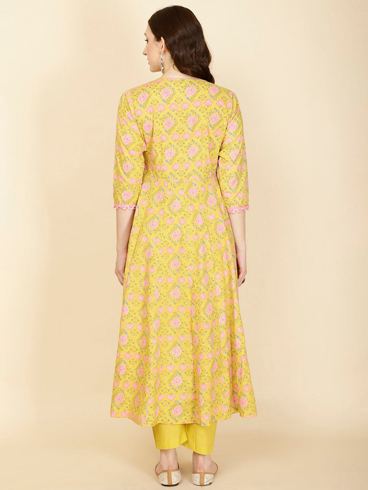 Floral Printed Cotton Anarkali Kurta With Pants