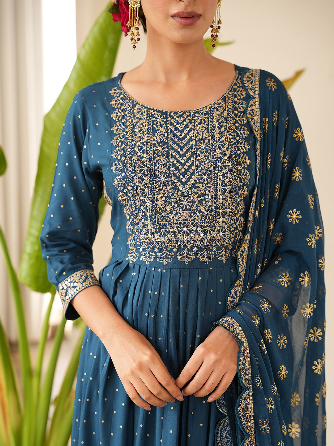 Sequin Embroidered Cotton Kurta With Pants &amp; Dupatta