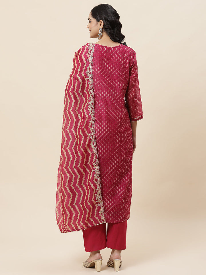Bandhani Printed Chanderi Kurta With Pants &amp; Dupatta