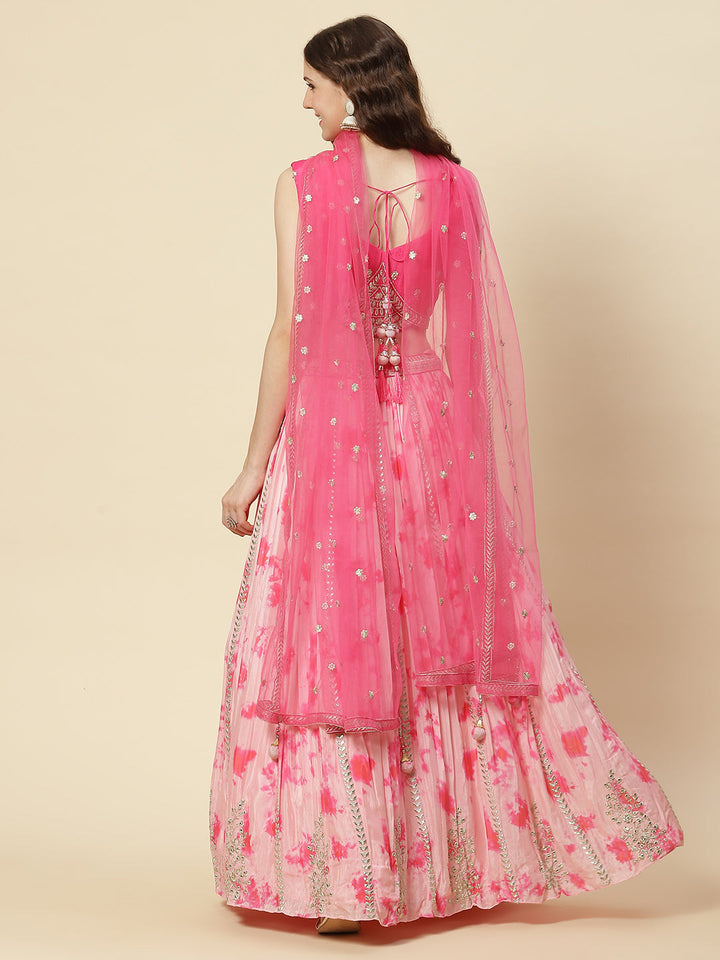 Zari Embroidered Printed Crepe Choli With Lehenga &amp; Net Dupatta