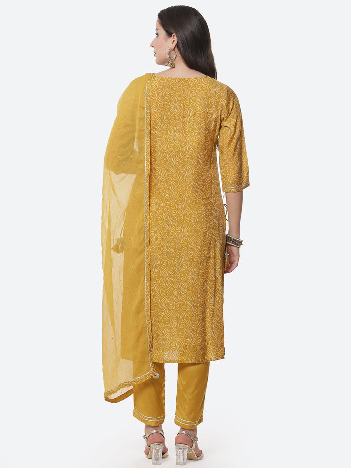 Bandhani Printed Cotton Muslin Stitched Salwar Kameez With Chiffon Dupatta