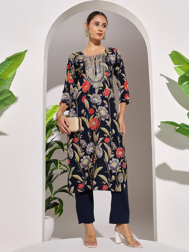 Neck Embroidered Cotton Blend Kurta With Pants