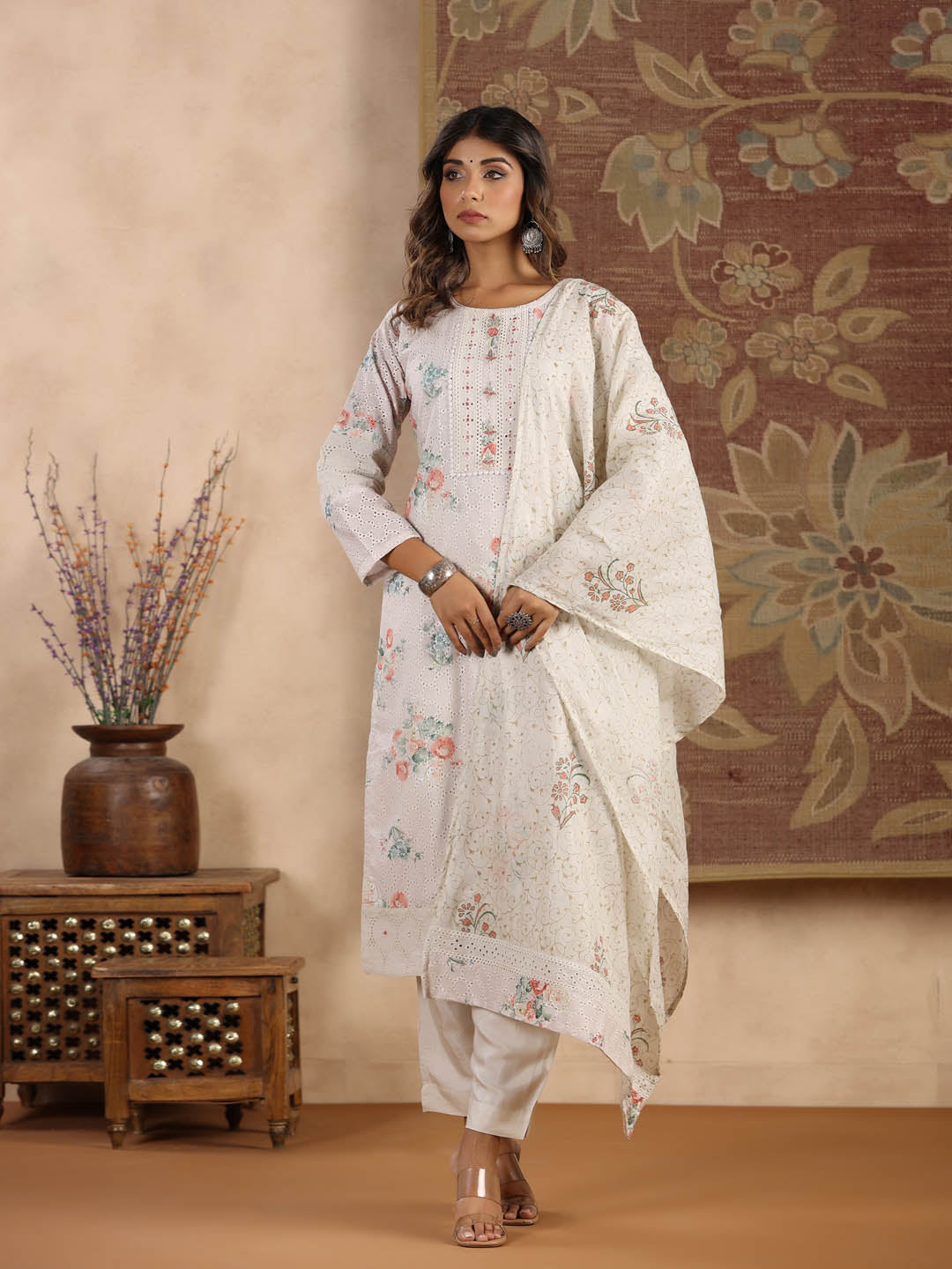 Printed Cotton Kurta With Pants &amp; Dupatta