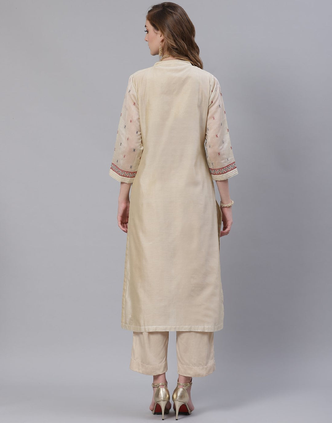 Beige and Grey Cotton Chanderi Salwar Kameez Stitched Suit