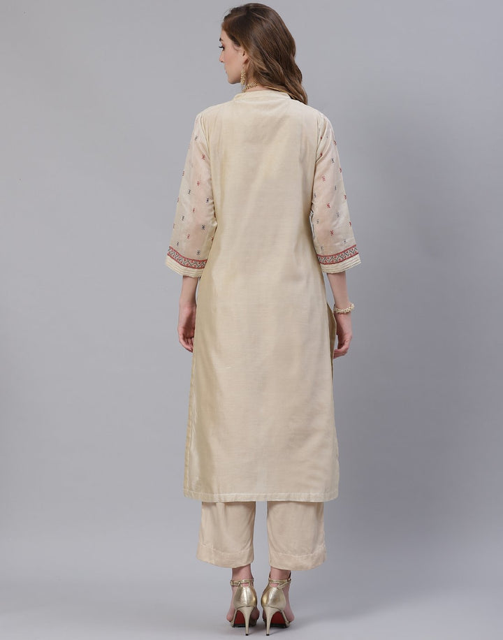 Beige and Grey Cotton Chanderi Salwar Kameez Stitched Suit