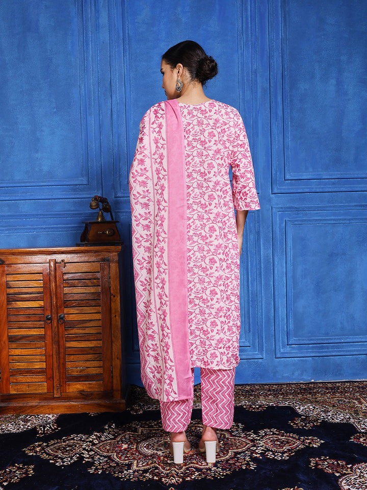 Printed Cotton Blend Kurta With Pants &amp; Dupatta
