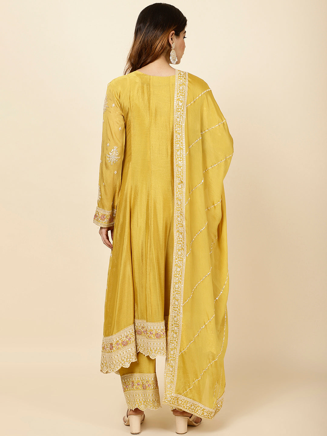 Embroidered Crepe Kurta With Palazzo &amp; Dupatta