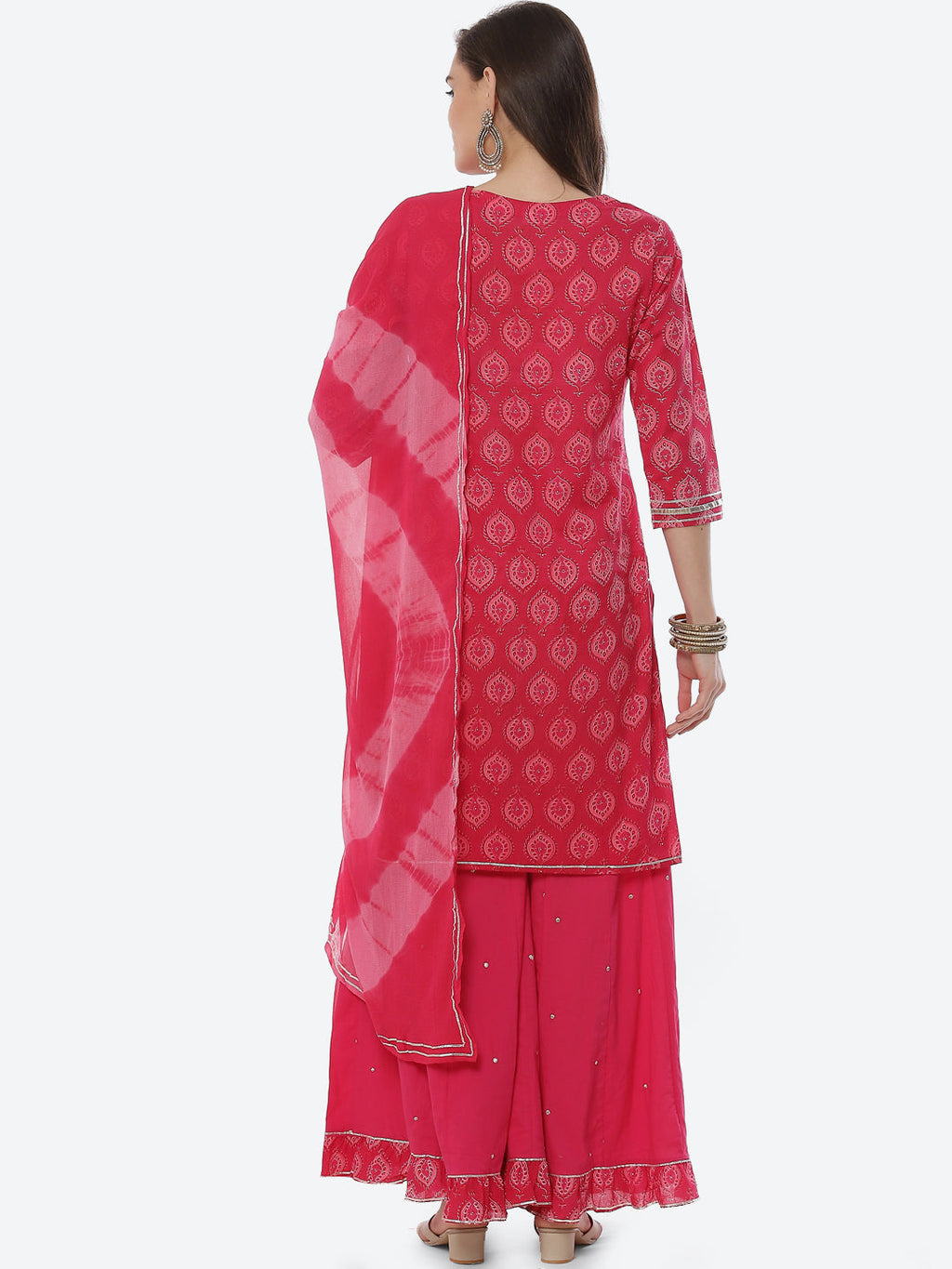 Printed Cotton Kurta With Garara & Chiffon Dupatta