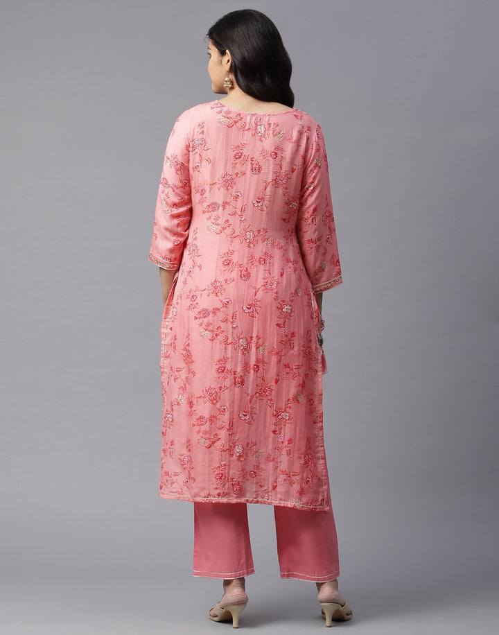 Printed Kurti Pant Set with Gota Yoke Embroidery