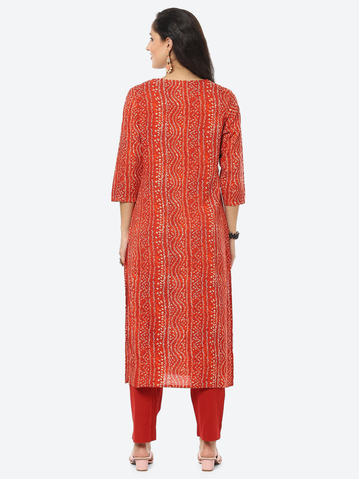 Yoke Embroided Bandhani Printed Cotton Kurti