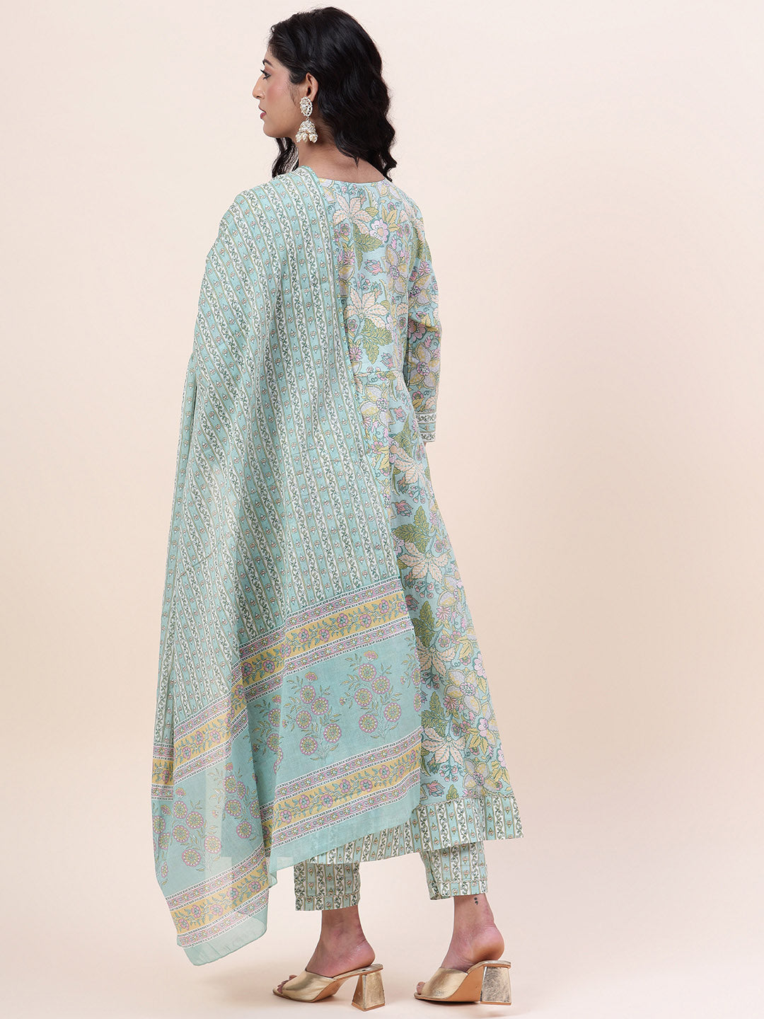 Floral Printed Cotton Kurta With Pants &amp; Dupatta