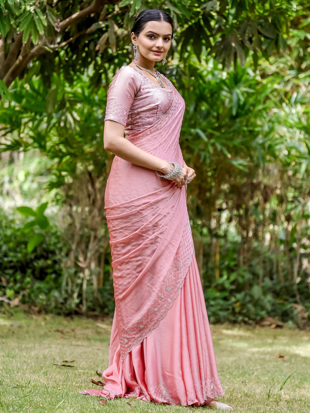 Cutdana Embroidered Chinon Saree
