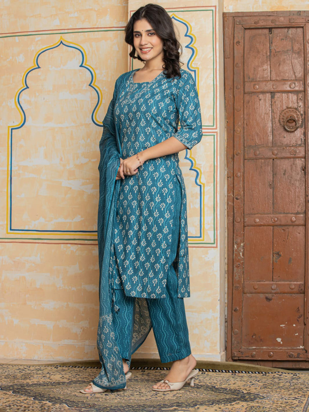 Light Blue Embroidered Cotton Blend Straight Suit Set With Dupatta