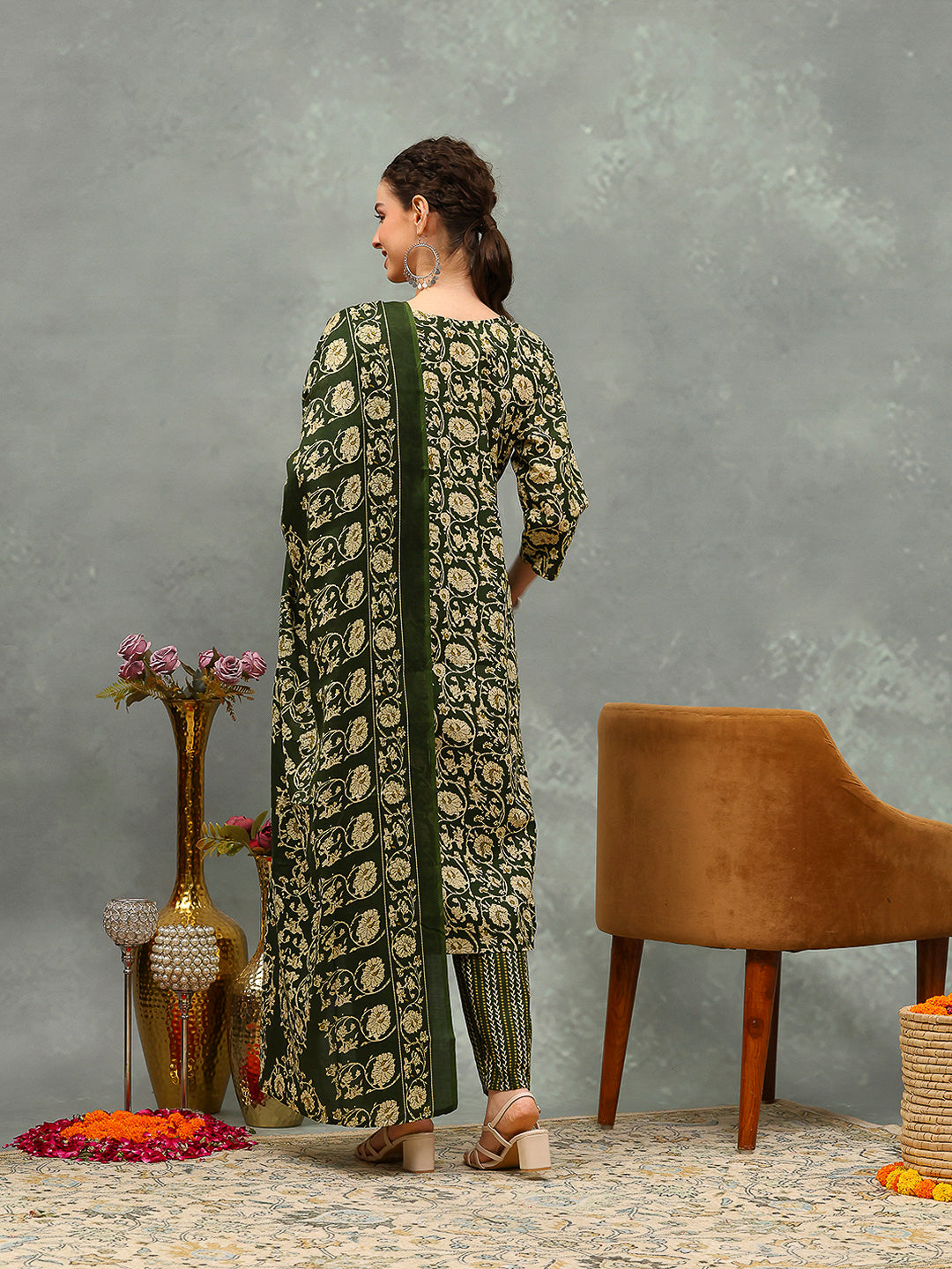 Printed Cotton Blend Kurta With Pants &amp; Dupatta