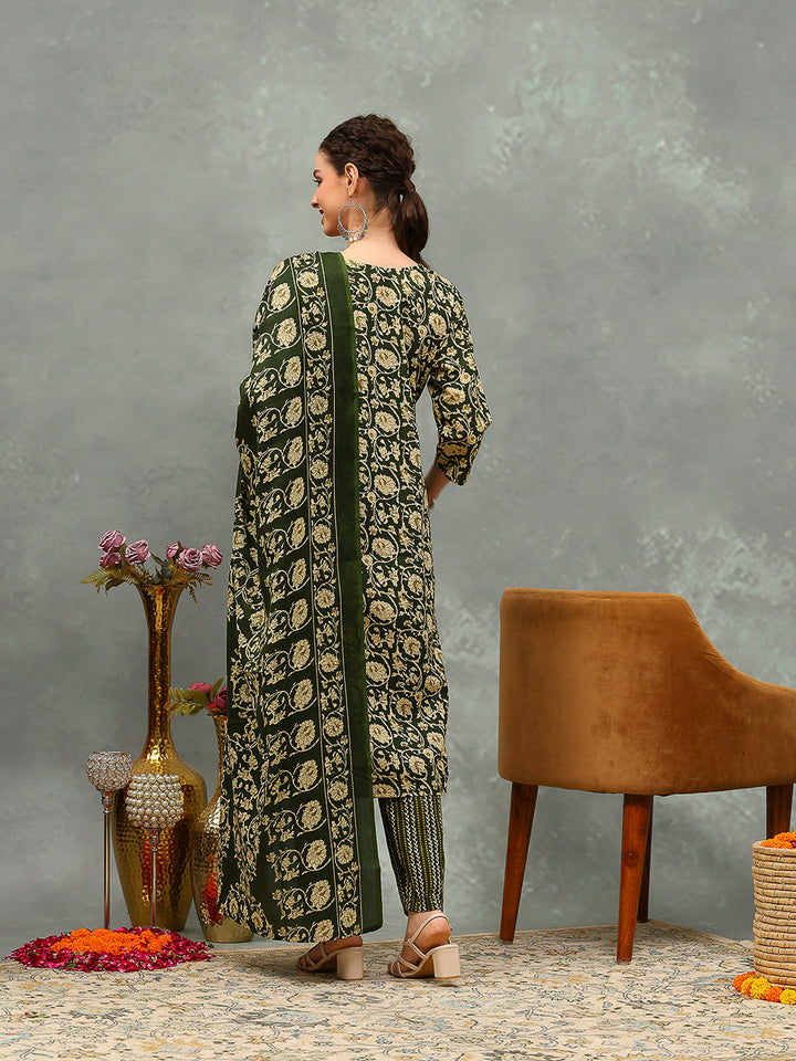 Printed Cotton Blend Kurta With Pants &amp; Dupatta