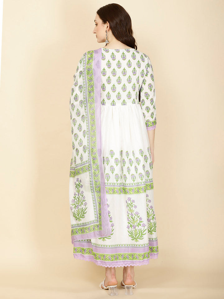 Floral Printed Cotton Kurta With Pants &amp; Dupatta