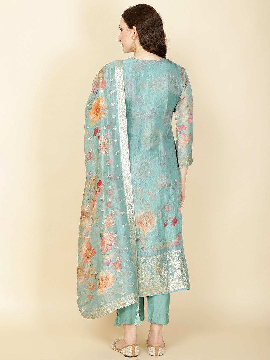 Floral Printed &amp; Woven Organza Kurta With Pants &amp; Dupatta