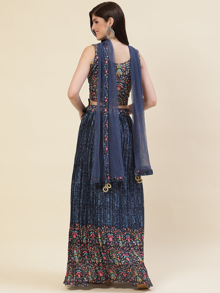 Floral Printed Crepe Choli With Lehenga &amp; Dupatta