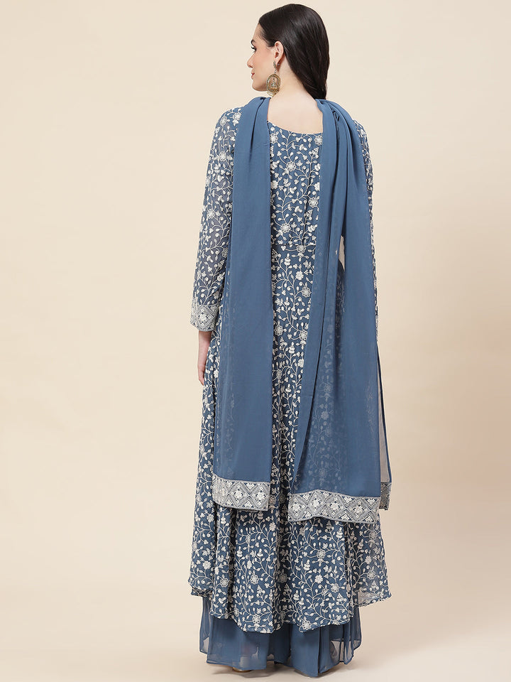 Embroidered Georgette Kurta With Palazzo &amp; Dupatta