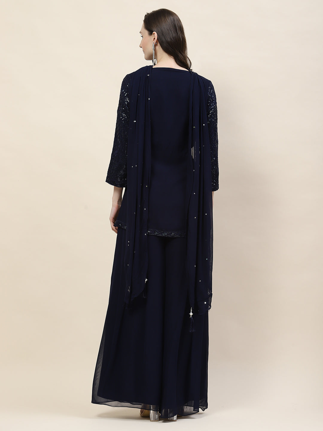 Sequin Embroidery Georgette Kurti With Palazzo &amp; Dupatta
