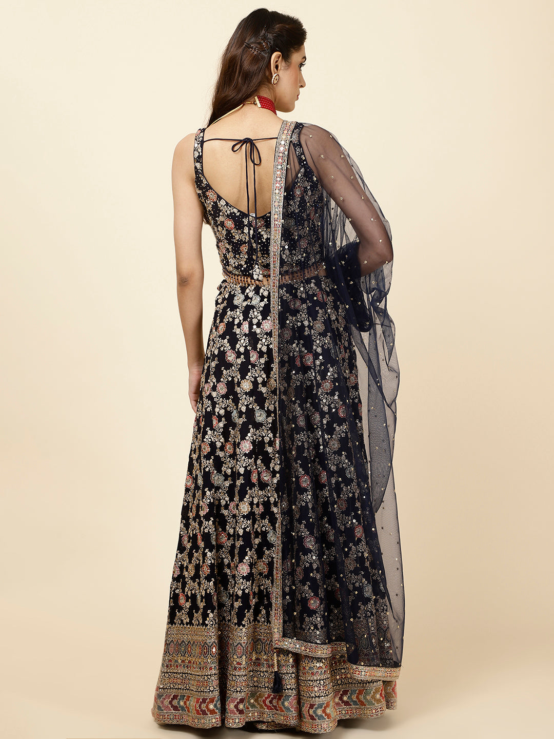 Zari Embroidered Georgette Crop Top With Palazzo &amp; Dupatta