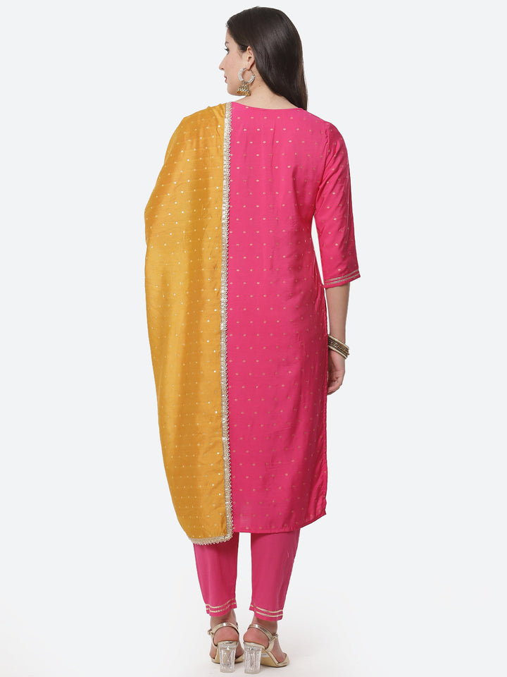 Embroidered Cotton Kurti With Pant And Dupatta