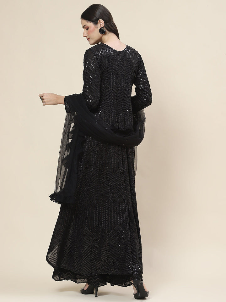 Sequin Embroidered Georgette Top Jacket With Palazzo &amp; Dupatta