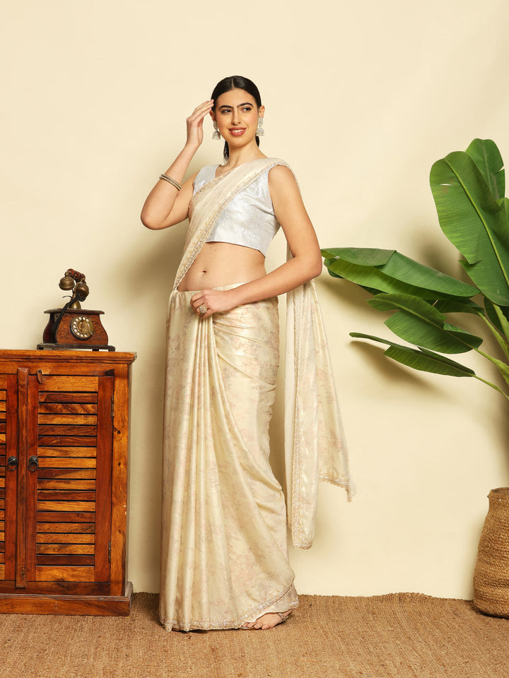 Floral Printed &amp; Embellished Work Tissue Saree