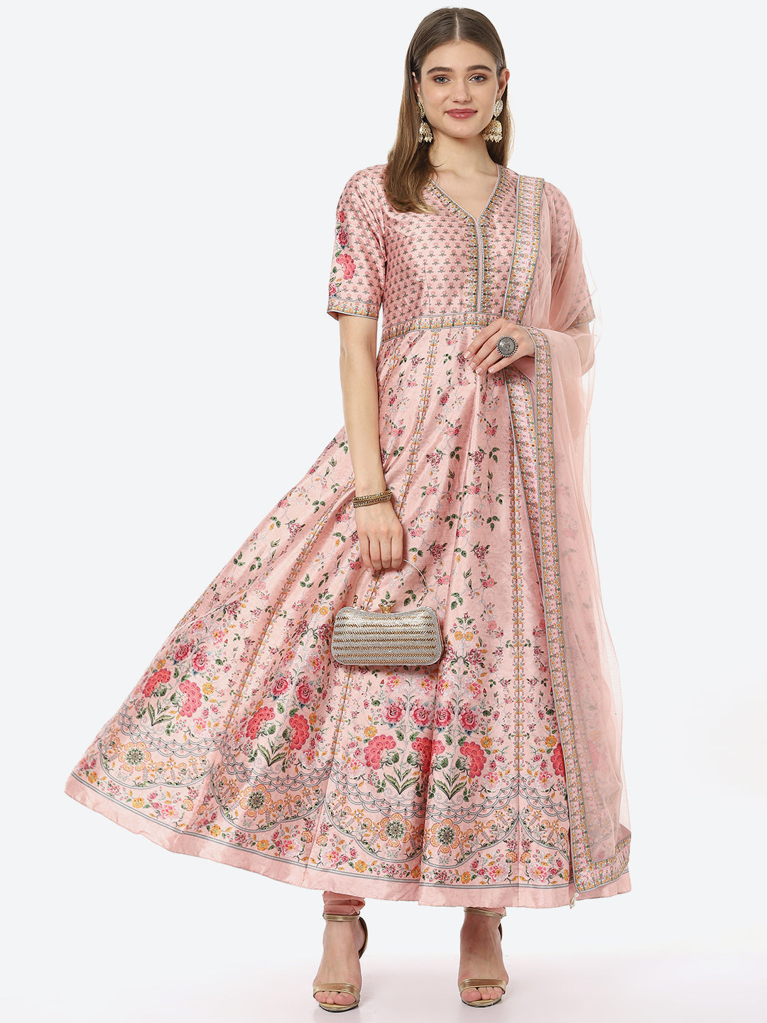 Digital Floral Printed Anarkali Kurta With Churidar & Net Dupatta