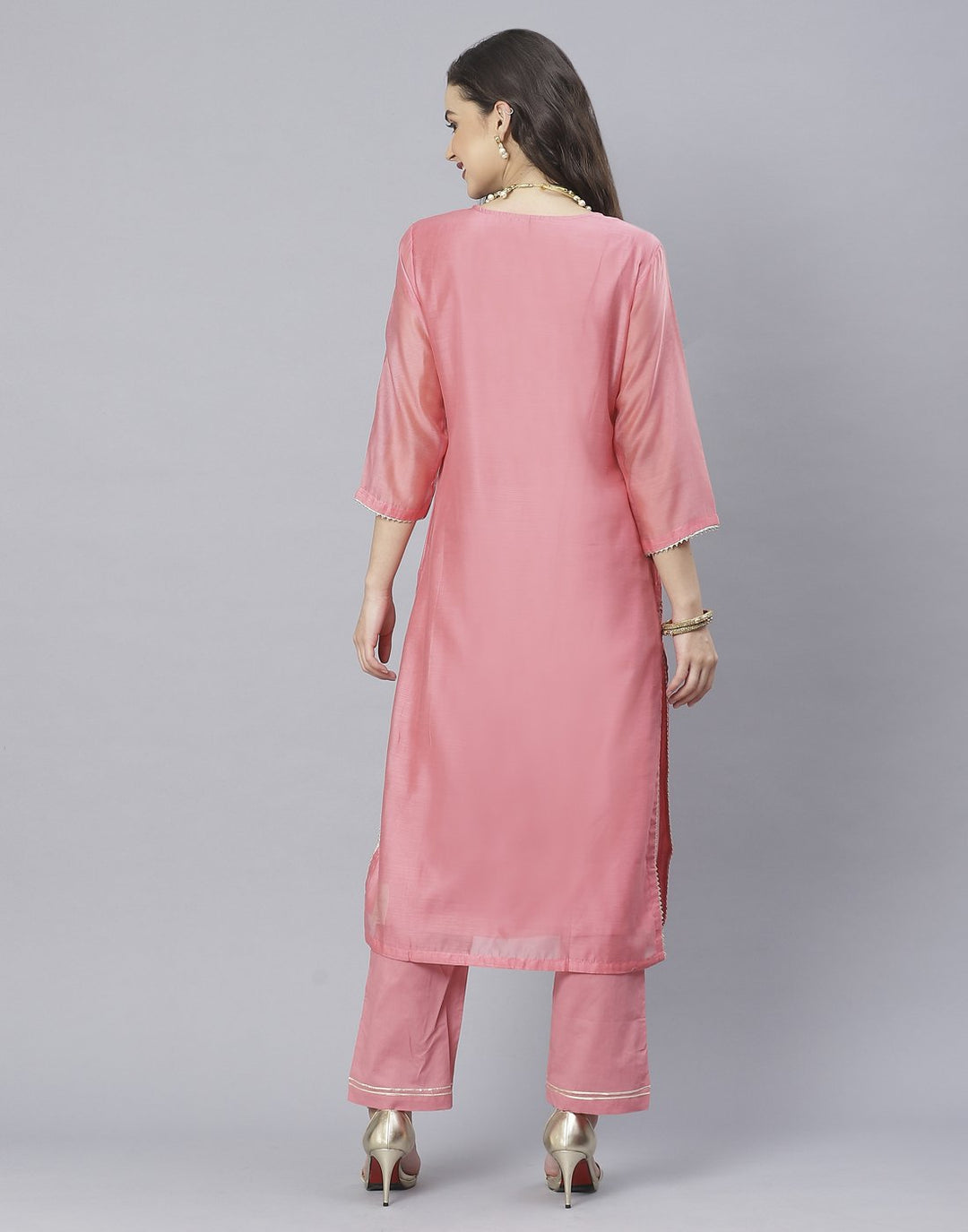 Peach Pink and Yellow Cotton Chanderi Salwar Kameez