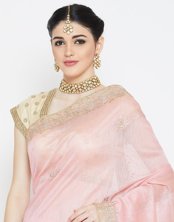 MBZ Meena Bazaar-Pink Cotton Linen Saree