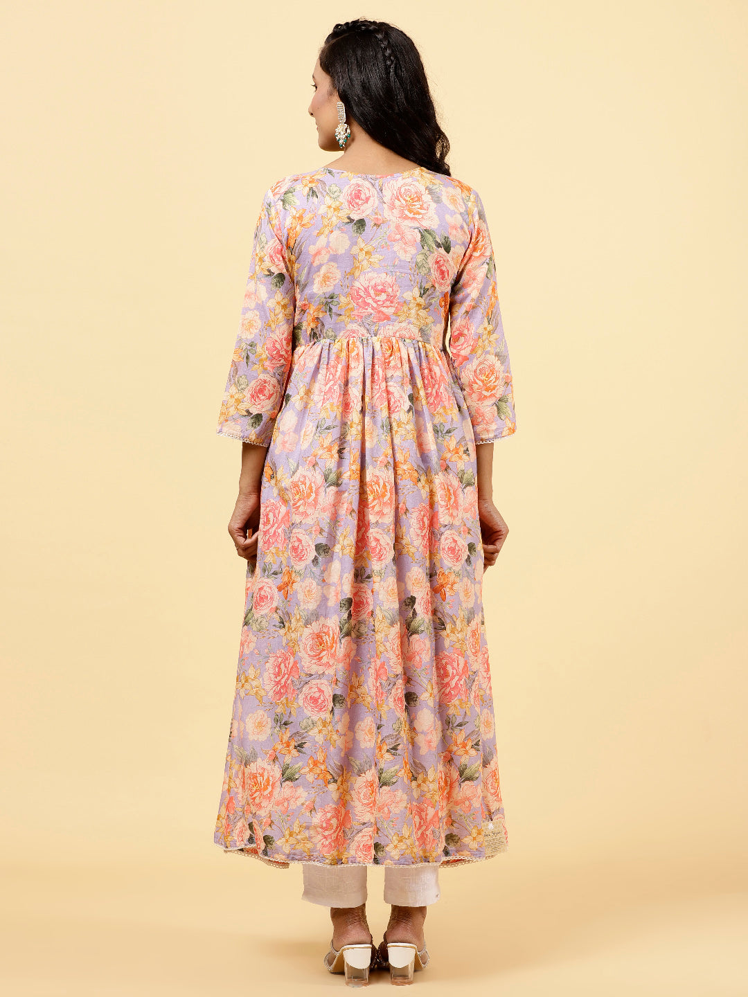 Floral Printed &amp; Neck Embroidered Cotton Kurta
