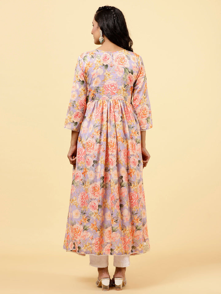 Floral Printed &amp; Neck Embroidered Cotton Kurta