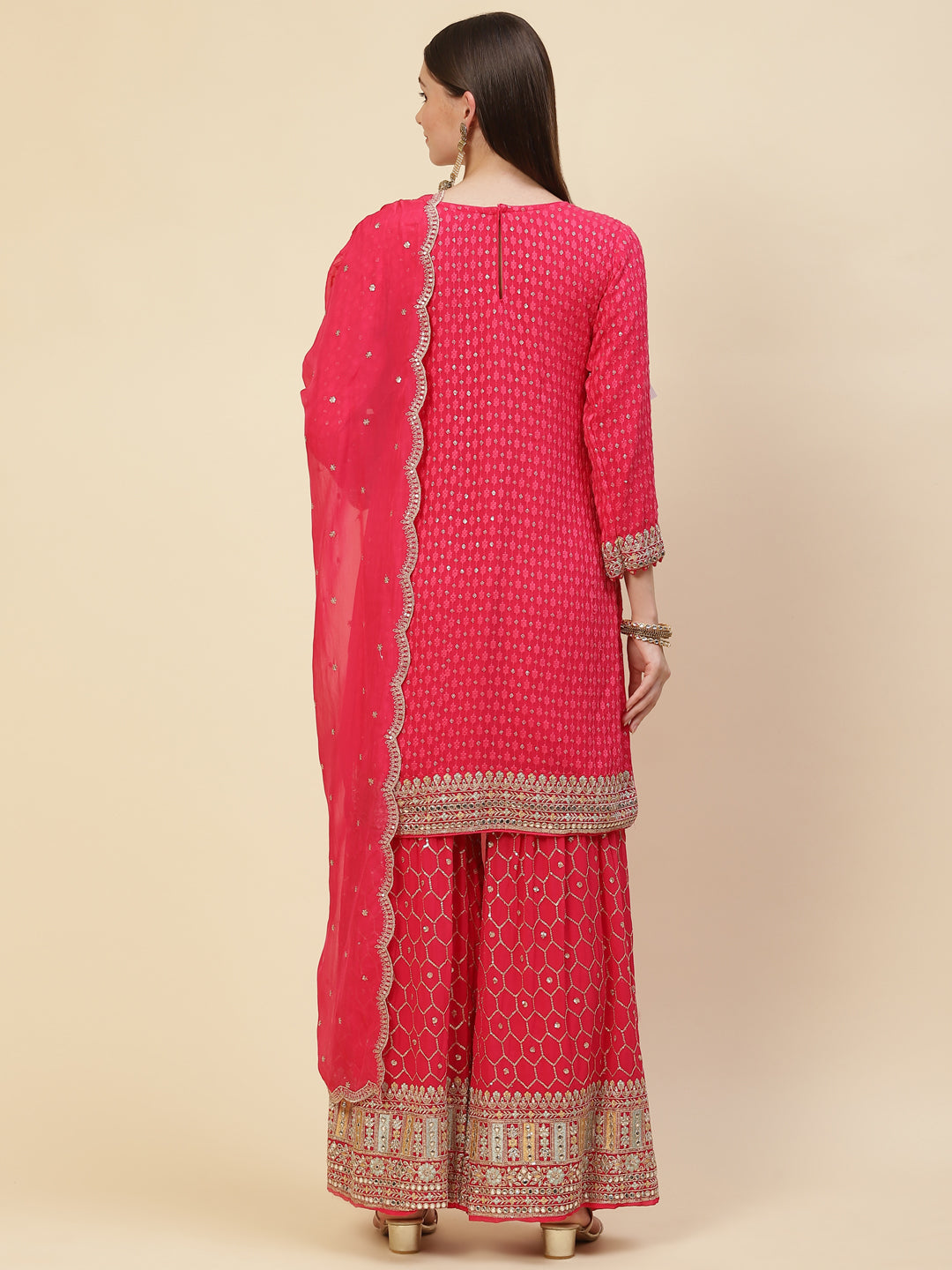 Sequin Embroidered Georgette Kurta With Sharara &amp; Dupatta