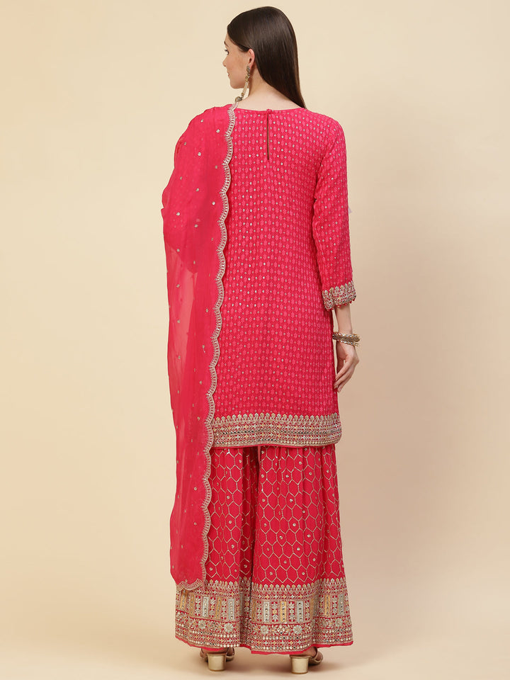 Sequin Embroidered Georgette Kurta With Sharara &amp; Dupatta