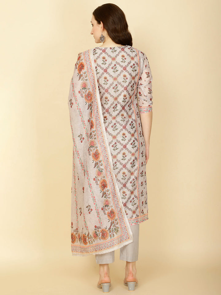 Floral Printed Chanderi Kurta With Pants &amp; Dupatta