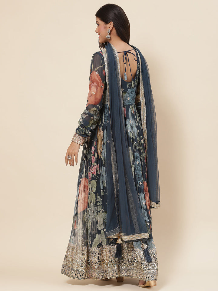 Printed Georgette Kurta With Pants &amp; Dupatta