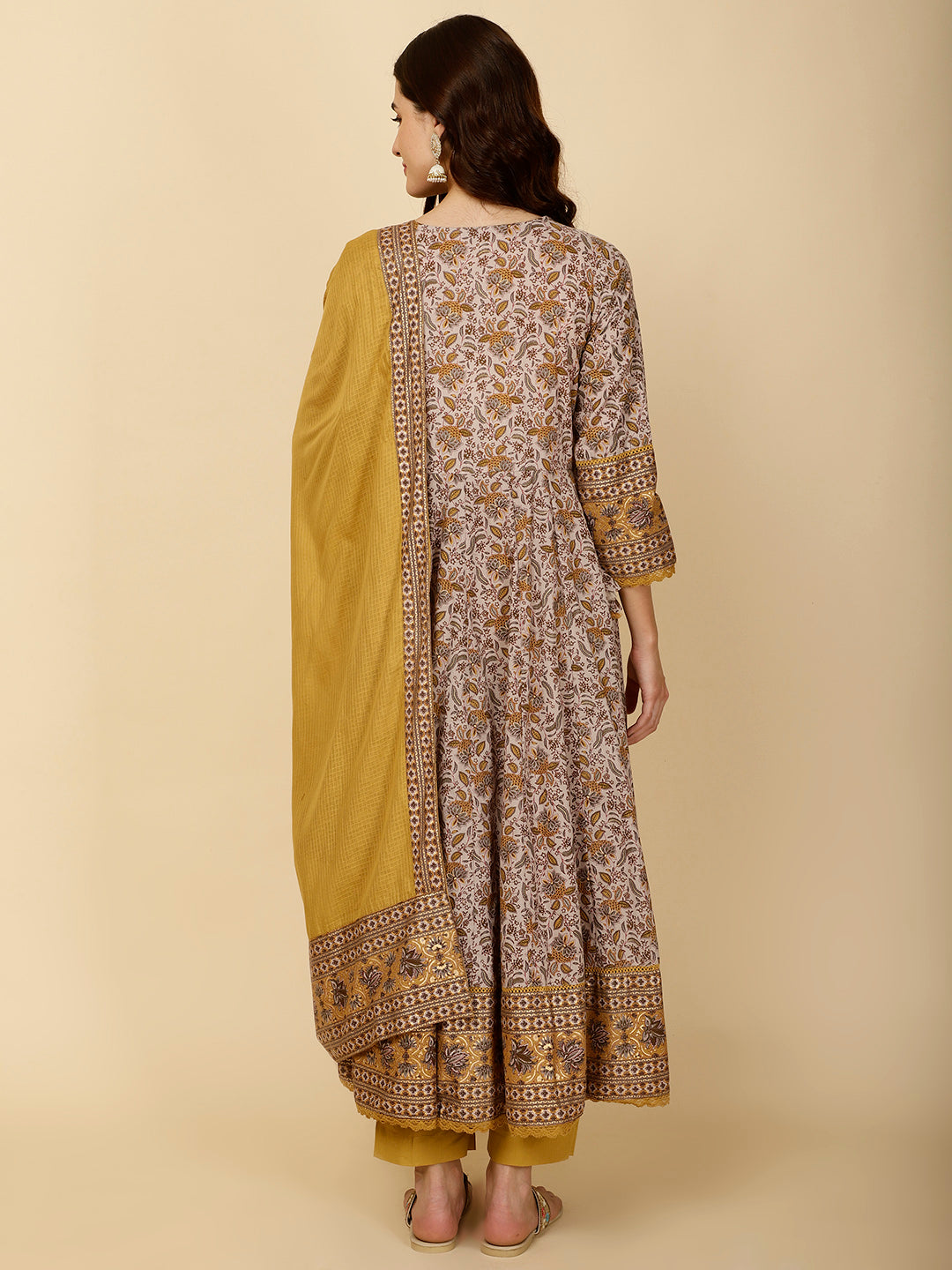 Floral Block Printed Anarkali Kurta With Pants &amp; Dupatta