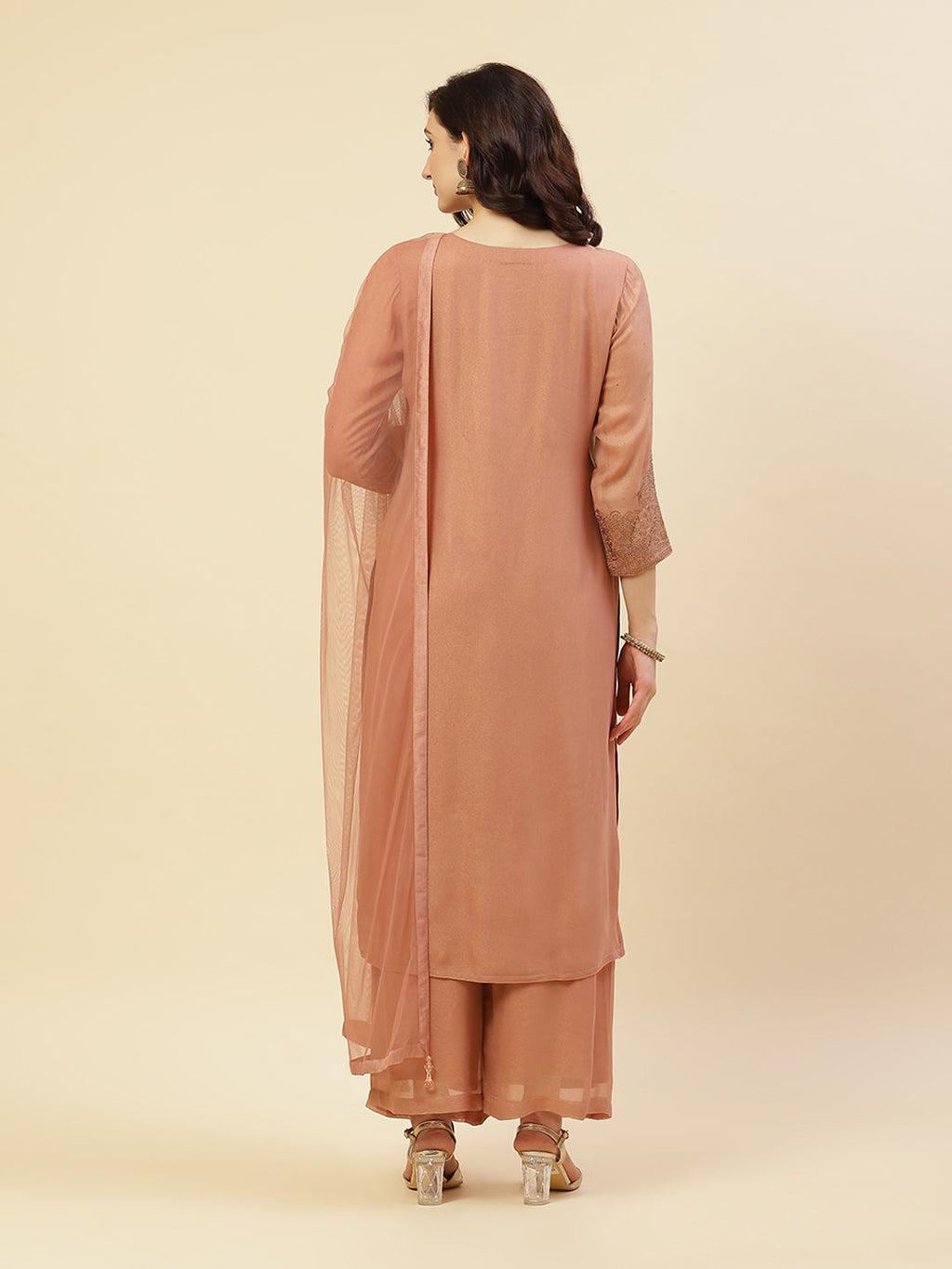 Embroidered Georgette Kurti With Palazzo And Dupatta
